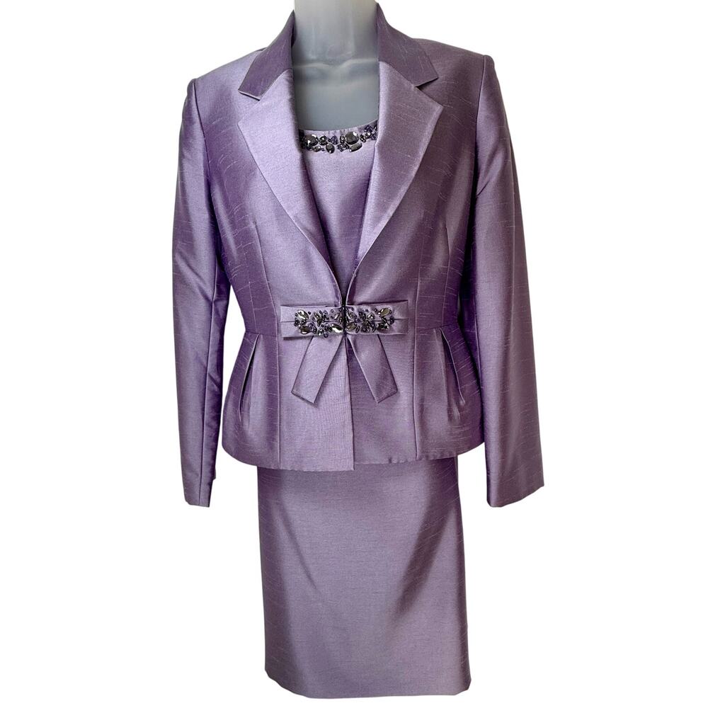 Tahari ASL Lux Lilac Lavender Skirt Suit 3 Pc Blazer Top Embellished Beaded Sz 4 - Picture 3 of 13